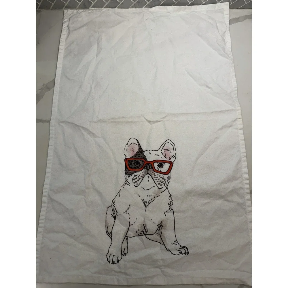 West Elm Tea Towel French Bulldog W Glasses 16x25 In Cute Dog Lover Kitchen